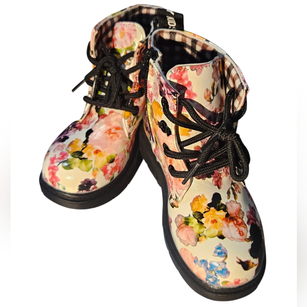 NWOT Girls Comfy Kids Lace Up Floral Boots With Zippers Size 28, U.S. Size 11